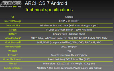 Archos 7 specsheet